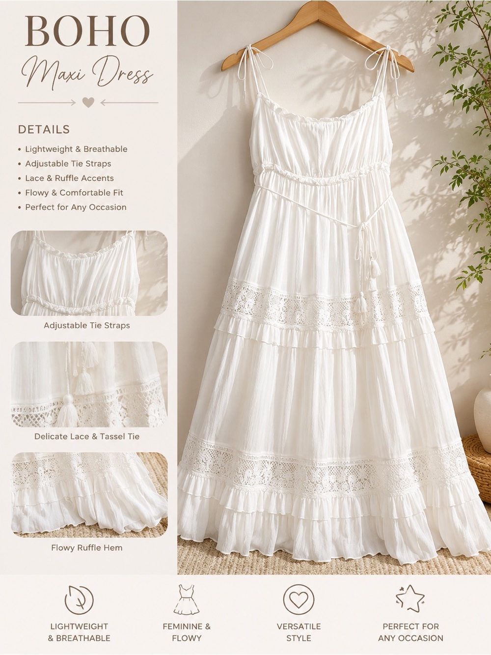 BOHO White Maxi Dress with Lace & Adjustable Tie Straps